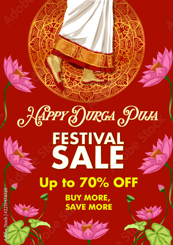 A4 Durga Puja Sale Advertisement Design for Retail Marketing and Festive Discounts , Indian Festive Shopping Sale Poster ,Durga Puja Special Offer Poster Template for Boutiques, Clothing Stores and Bu