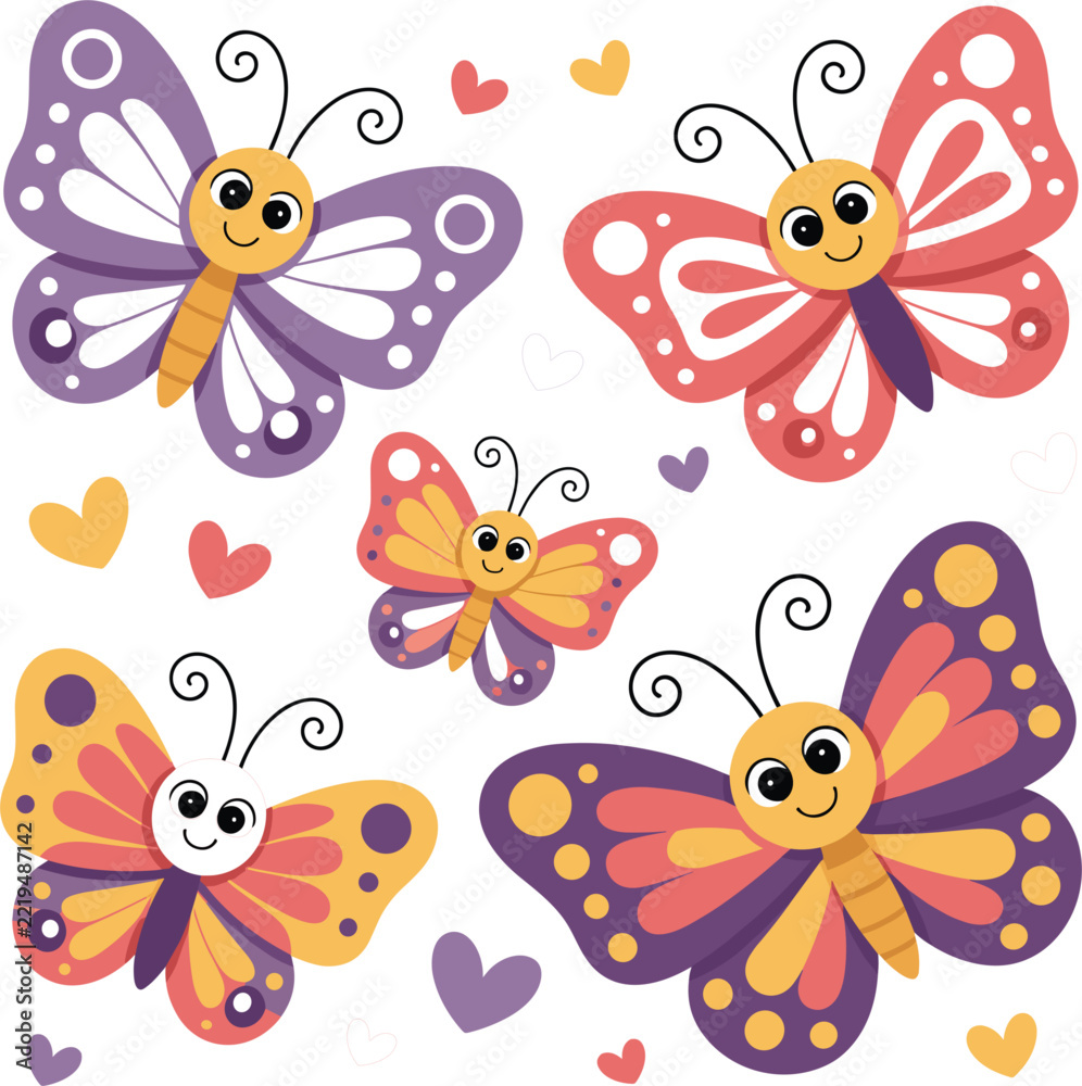 Fototapeta premium Cute cartoon butterflies with smiling faces in purple, pink and orange colors with hearts, flat vector illustration set for kids, spring and nature concept