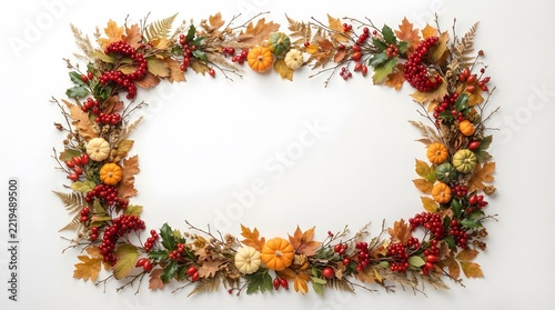 Decorative autumn frame made of colorful fall leaves berries and small pumpkins on a white background