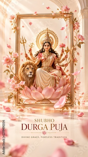 Goddess Maa Durga with Lion and Lotus for Durga Puja Festival