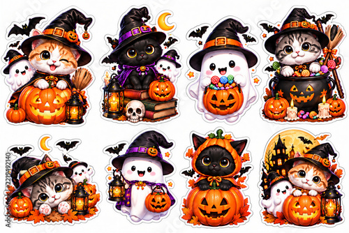 Collection of cute Halloween stickers with cats, ghosts, and pumpkins on a white background
