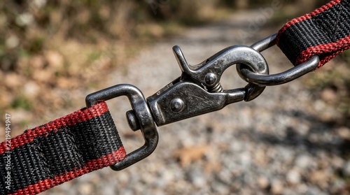 Close up of metal snap hook connecting black and red strap outdoors