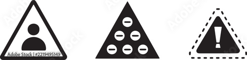 Triangle caution signs with human silhouette and minus symbols and exclamation mark icon in solid
