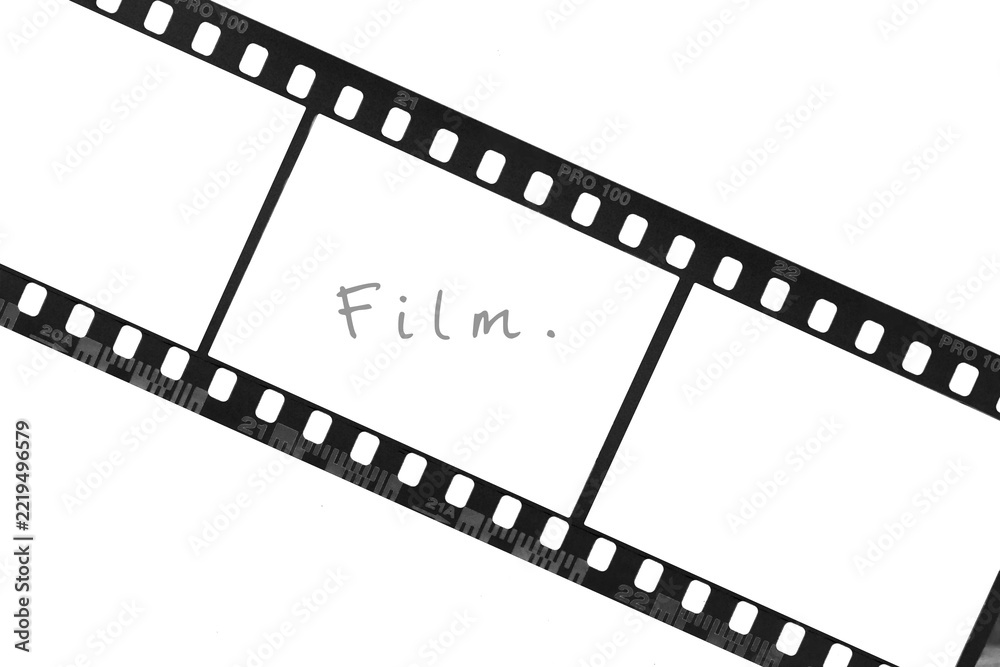 Fototapeta premium Vertical 35mm film strip mockup template with empty photo frames and text on background.