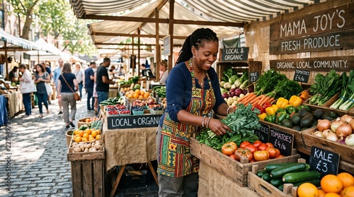Black small business owner arranging fresh fruit at an organic market stall