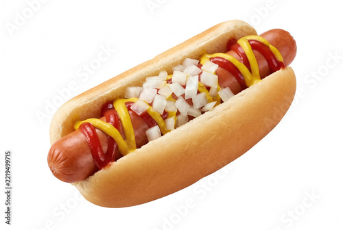 Fotografie Classic American hot dog with mustard ketchup and diced onions