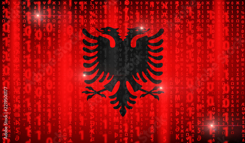 Flag of Albania on a background of mixed digital symbols, binary numbers, programming characters, and cyber code patterns. Modern technology and information security concept.