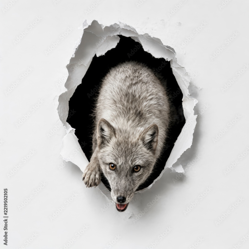 Fototapeta premium Arctic fox looking through torn hole in white paper