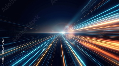 Converging light trails create a dynamic tunnel effect with a bright central glow