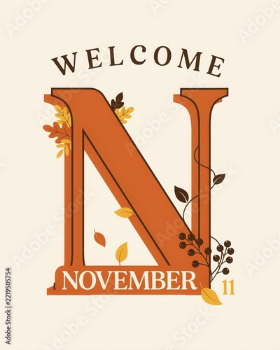 Elegant 'N' monogram with autumn leaves and 'November' text during warm studio lighting