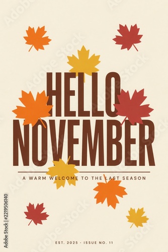 Hello November text with falling autumn maple leaves against a cream background concept