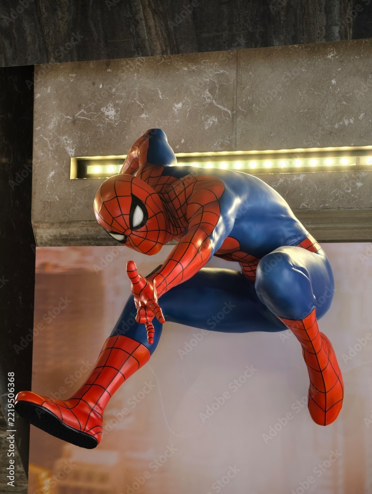 Naklejka premium Wuhan, China-Oct.6th 2026: Spider-Man superhero action pose statue in cinema