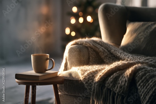 Cozy Reading Corner with Mug Book and a Knitted Blanket