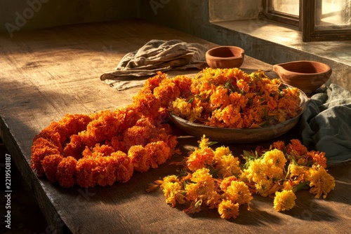 Orange Marigold Garlands and Clay Lamps on a Wooden Table