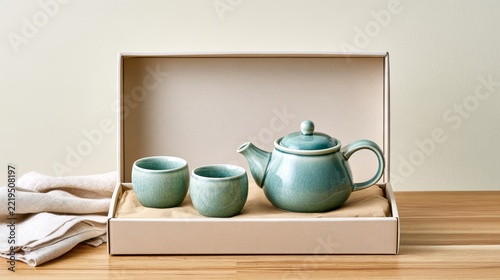 Green Ceramic Teapot and Two Cups in an Open Gift Box