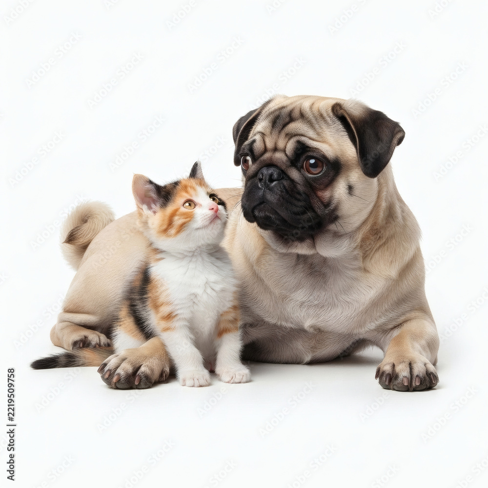 Obraz premium Cute pug dog sitting together with a playful little calico kitten in a studio setting on a white background