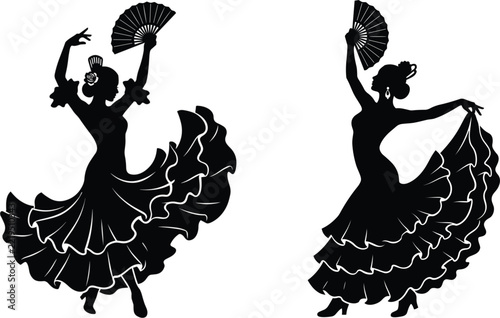 Traditional flamenco dancer silhouettes, Spanish folk dance performers with fans and flowing dresses isolated black vector illustration