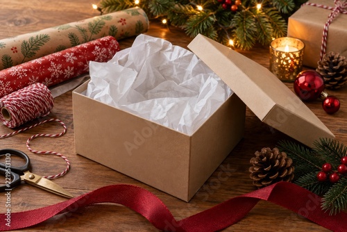 Open gift box with white tissue paper for Christmas wrapping