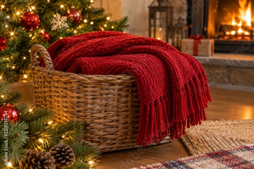 Red knitted blanket in a wicker basket beside Christmas lights