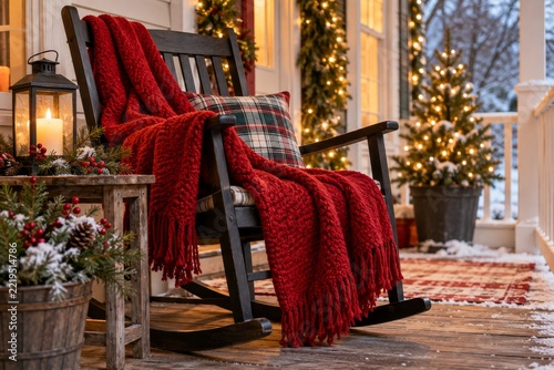 Red knitted blanket on a rocking chair on a snowy porch