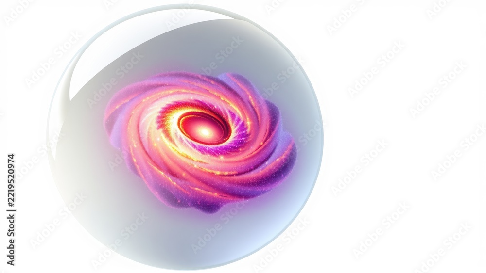 Fototapeta premium Glossy sphere contains swirling galaxy. Pink, purple hues dominate cosmic scene. Bright center draws eye, creating depth.