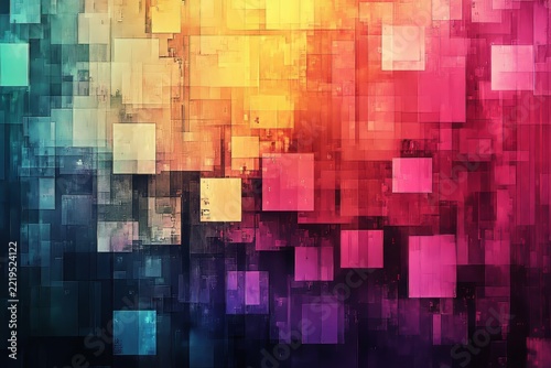 A digital art piece featuring an abstract background with multiple squares in various shades of blue, purple, and pink, creating a colorful pattern reminiscent of glitchy pixelation, Generative AI