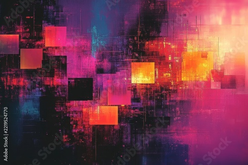 A vibrant and colorful digital glitch pattern with an abstract grid of squares, Generative AI