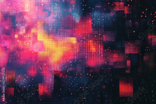 Abstract digital glitch pattern, a grid of squares with colorful accents, vibrant, pixel art, grunge, flat design, pastel colors, Generative AI