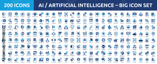 200 Artificial Intelligence huge Icon set. Machine Learning, Generative AI, Chatbots, Automation, Healthcare and Ethics Solid Vector Icons Big Collection.