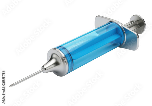 Sterile syringe filled with blue liquid