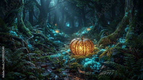 Magical glowing pumpkin in enchanted autumn woods, Halloween fantasy concept