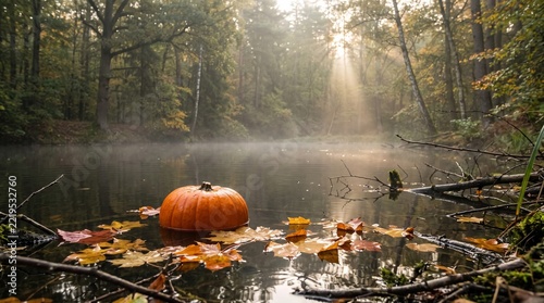 Beautiful fall scenery with pumpkin floating on water in misty woods