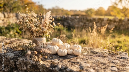 Cozy autumn still life with small white Casperita pumpkins and dried wild grass