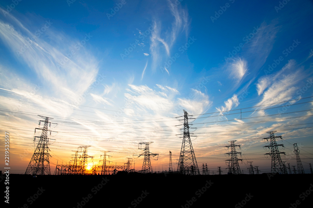 Obraz premium Pylon, high-voltage tower sky background.