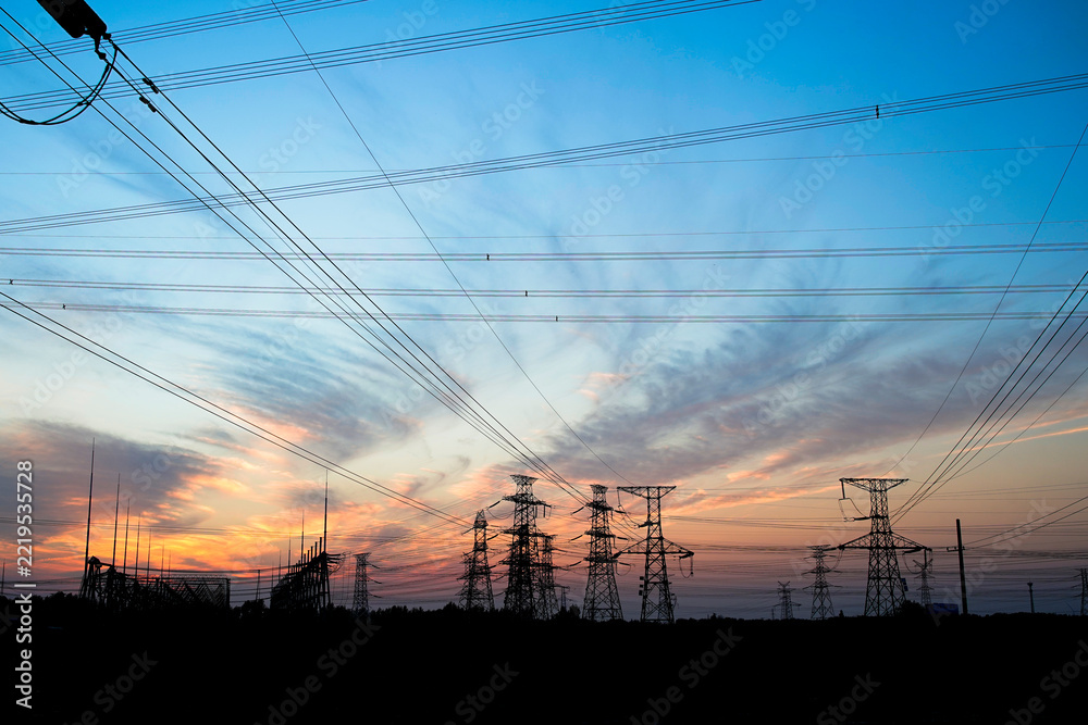 Obraz premium Pylon, high-voltage tower sky background.