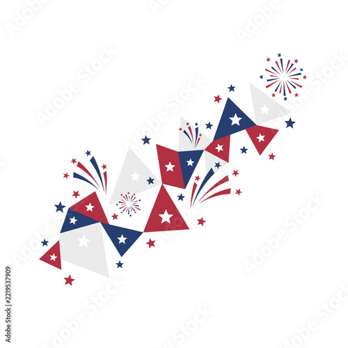 Abstract patriotic design featuring a dynamic arrangement of red, white, and blue triangles with stars, intertwined with festive fireworks bursts, creating a modern and celebratory composition.