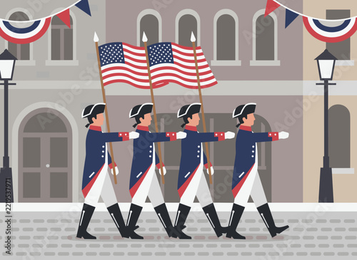 Colonial soldiers march proudly in a parade, holding American flags, celebrating a historical event with patriotism and national pride.