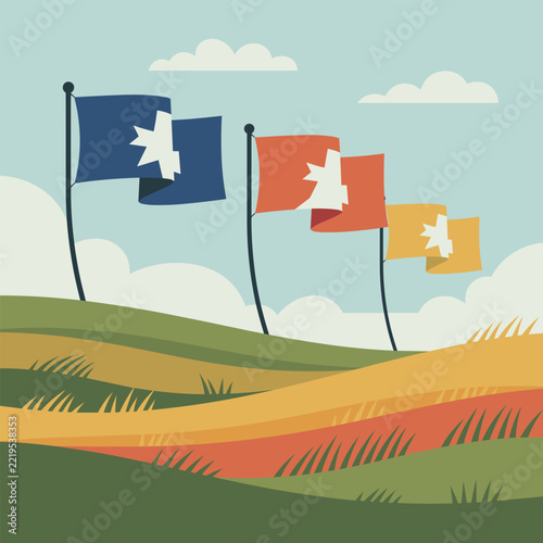 Four distinct stylized flags, each featuring a prominent star design, gracefully flutter in the wind across picturesque, rolling green and golden hills.