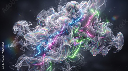 Iridescent smoke cloud with neon highlights against a dark background