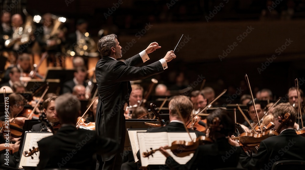 Obraz premium Conductor leading an orchestra with focused intensity during a dramatic classical music performance in a grand concert hall