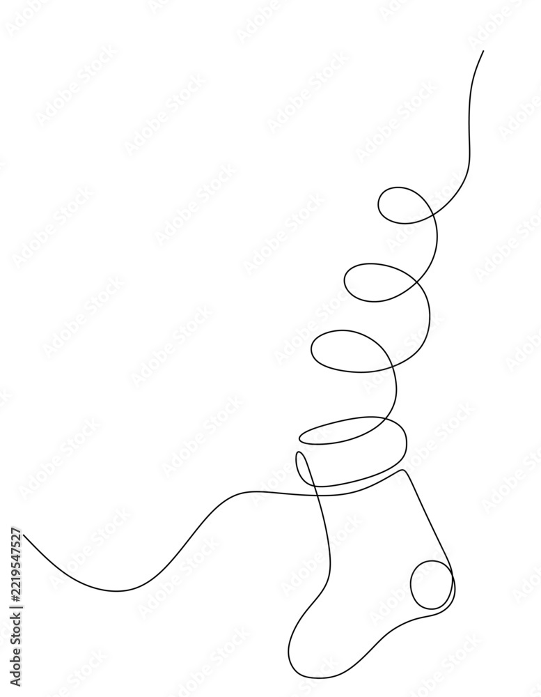 Fototapeta premium A continuous single-line drawing of a Christmas stocking with a swirling line pattern.