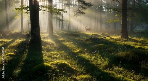 Sunlight filtering through a misty forest with a deer in the distance.