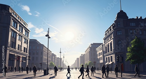 Sunlit City Street with Silhouetted Pedestrians and Historic Architecture.