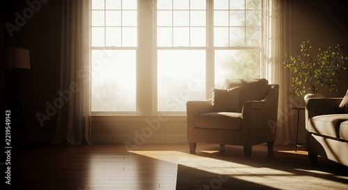 Sunlit Living Room with Armchair and Hardwood Floor.