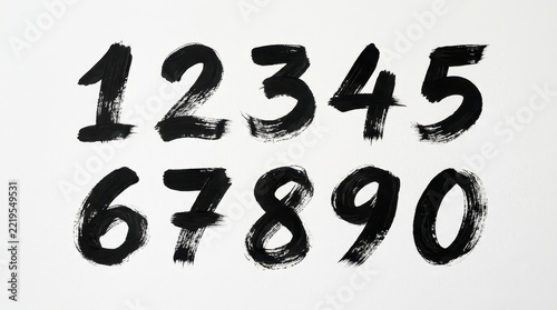 Hand Painted Black Ink Numbers Set from 0 to 9 on White Background, Artistic Brush Stroke Calligraphy Digits for Design