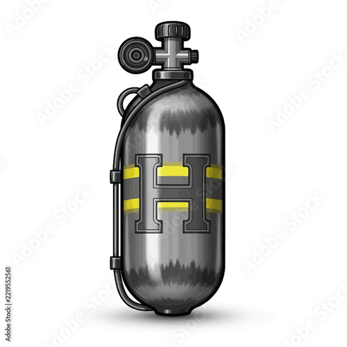 Silver Propane Tank With Yellow and Black Stripes and Letter H Isolated on White Background