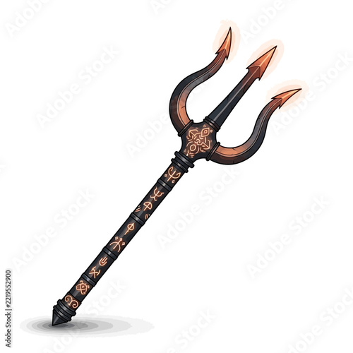 Timeless Black and Red Trident Symbol of Mythology and Religion, Ancient Magical Weapon With Flames and Chinese Pixiu De