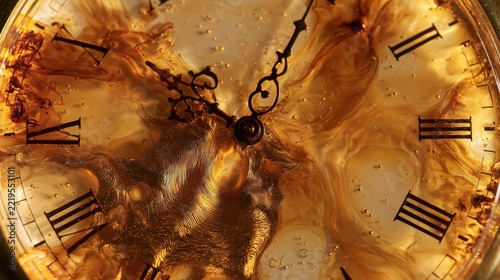 Antique pocket watch face with Roman numerals dissolving in amber liquid under warm dramatic lighting concept of time passing