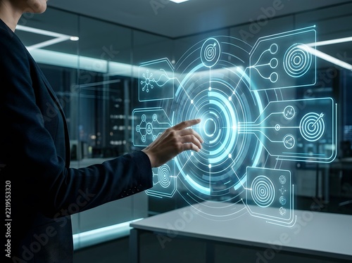 A professional business person interacting with a futuristic digital marketing holographic interface to analyze complex data in a modern office