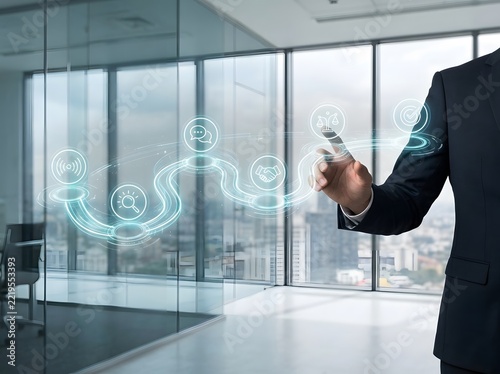 A professional businessman interacting with a futuristic digital marketing holographic interface inside a modern glass office corporate workspace environment